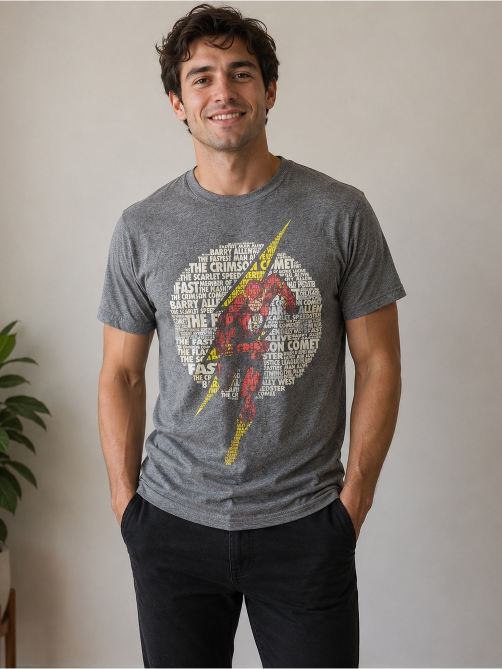 Men’s DC Comics Charcoal Short Sleeve Flash Tee with Red & Yellow Graphic